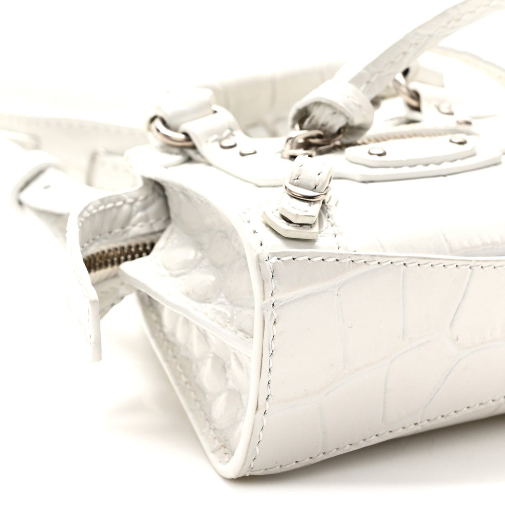 Extra Supple Calfskin Crocodile Embossed Neo Classic Silver Hardware Super Nano City Crossbody  White