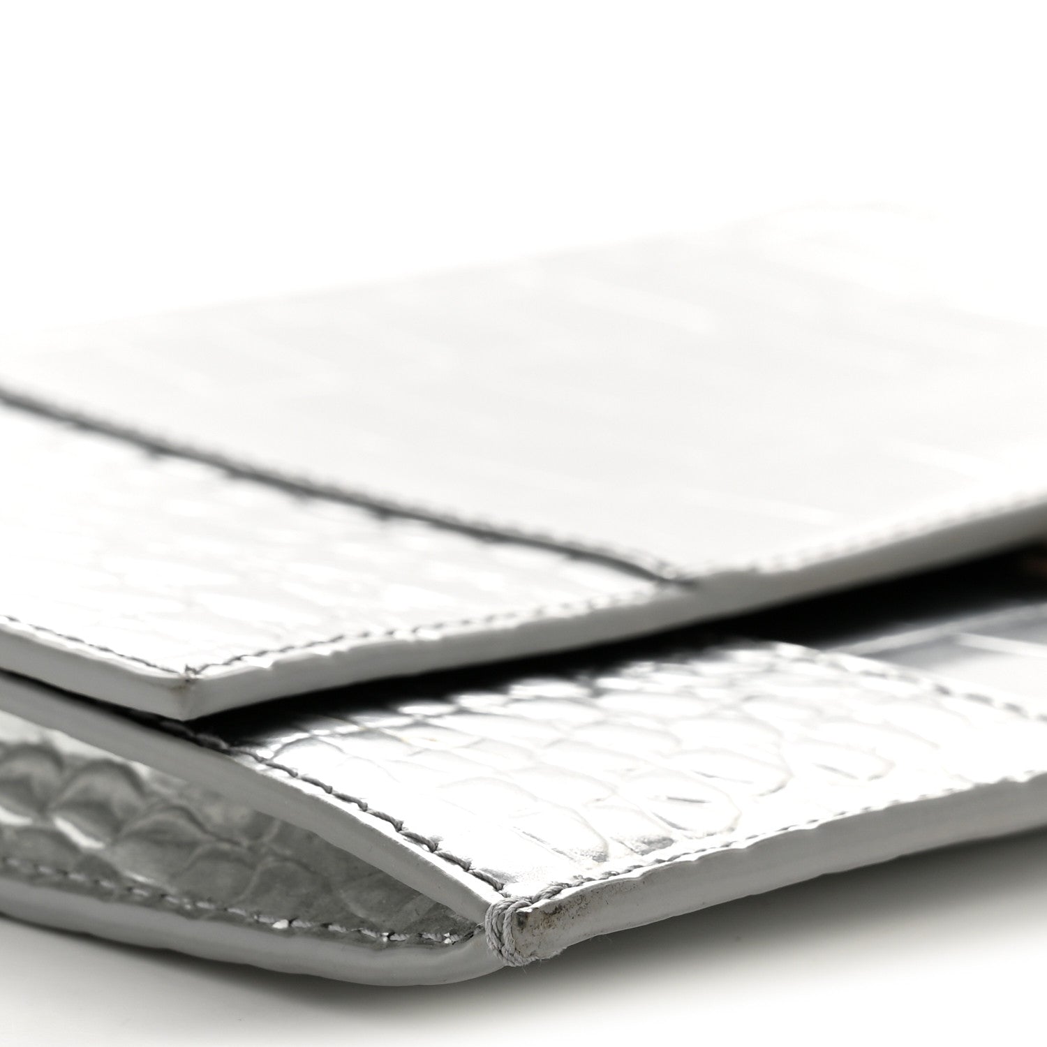 Metallic Calfskin Crocodile Embossed Hourglass Flap Flat Pouch Silver