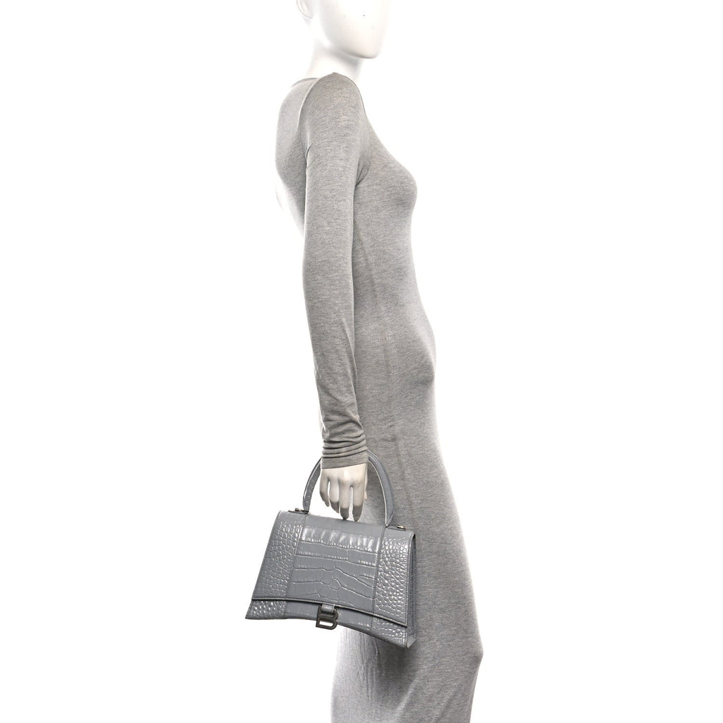 Shiny Calfskin Crocodile Embossed Medium Hourglass Top Handle Bag Balenciaga Grey