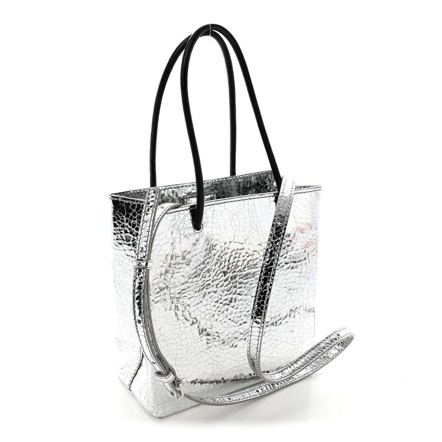 Crackled Mirror Calfskin Logo North South Shopper Tote XXS Silver