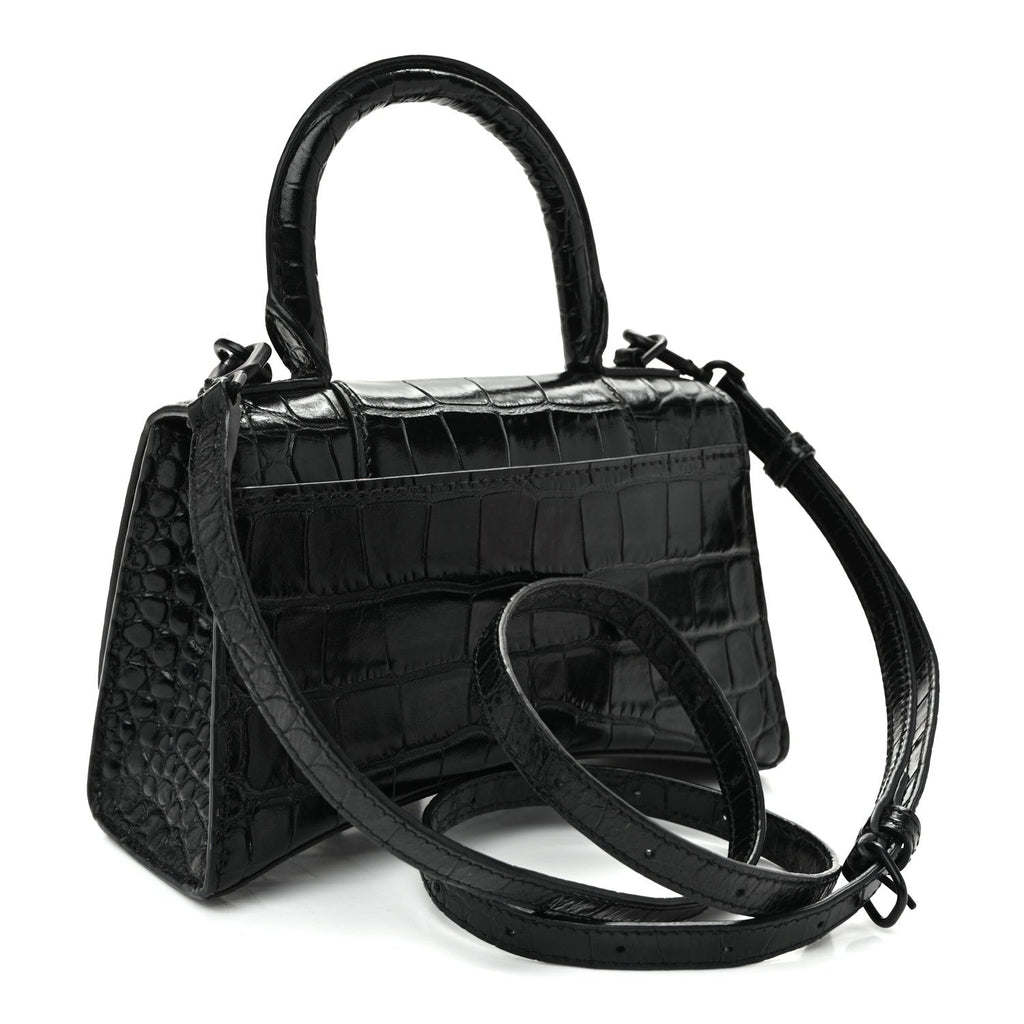Shiny Calfskin Monochrome Crocodile Embossed Hourglass Top Handle Bag XS Black