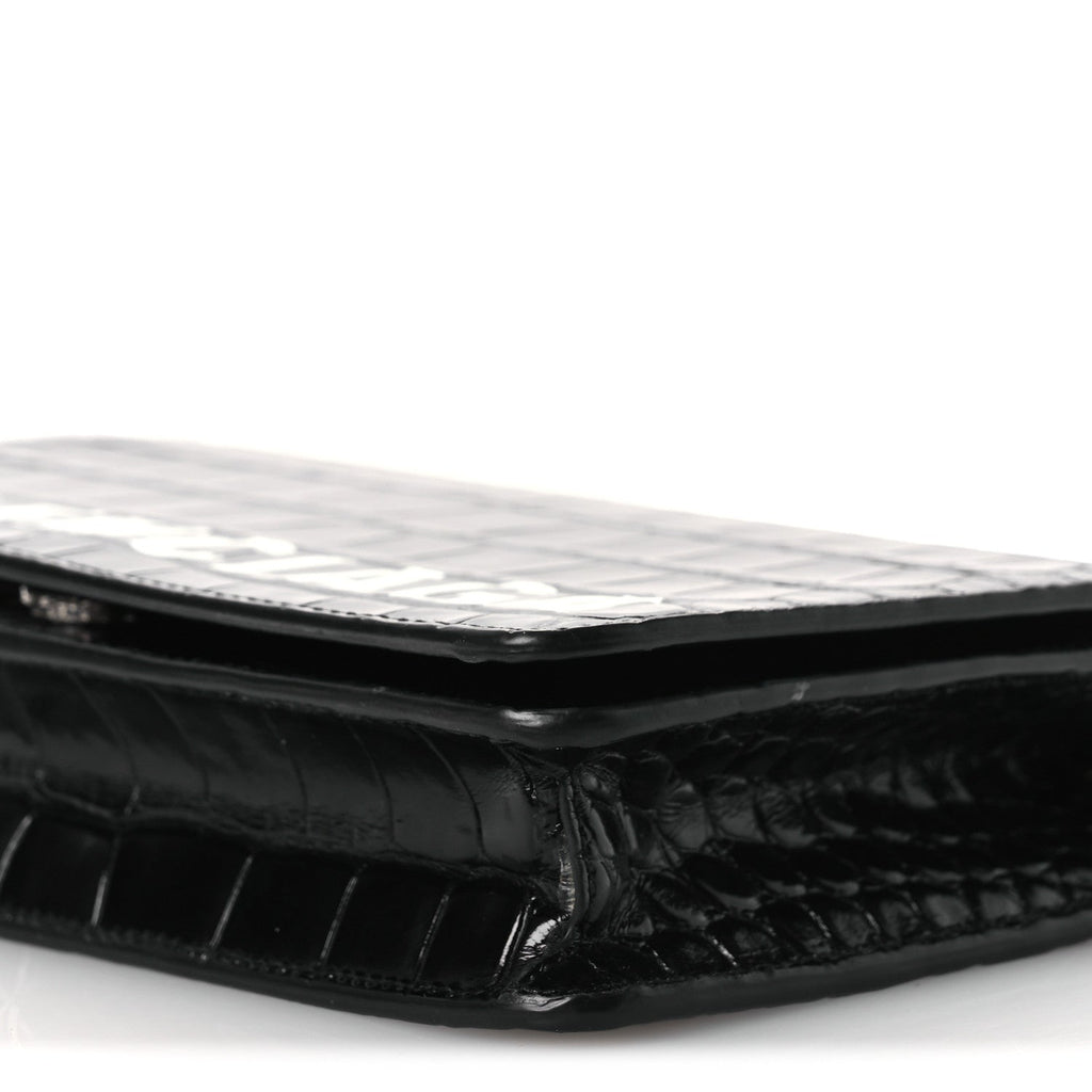 Shiny Calfskin Logo Crocodile Embossed Ville Wallet on Chain Black