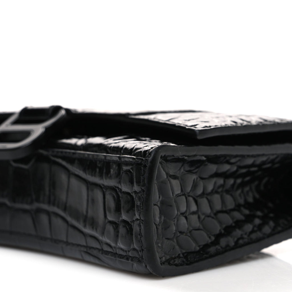 Shiny Calfskin Monochrome Crocodile Embossed Hourglass Chain Bag Black