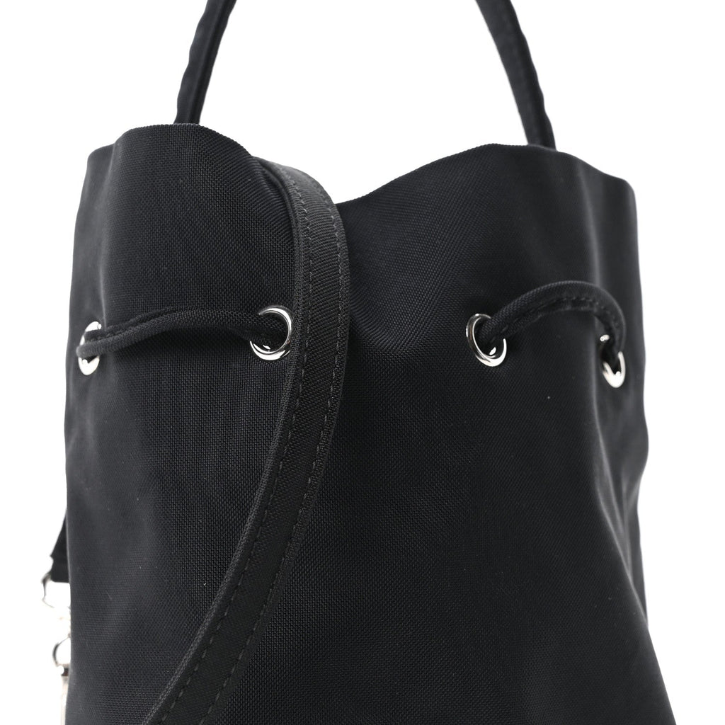 Recycled Sport Nylon Logo Embroidered Wheel Drawstring Bucket Bag Black White