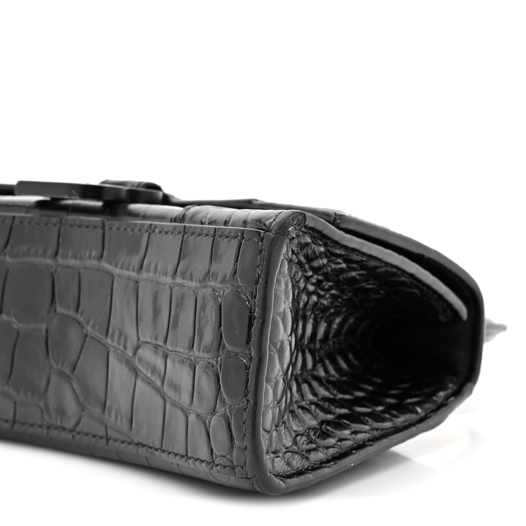 Shiny Calfskin Monochrome Crocodile Embossed Hourglass Top Handle Bag XS Black