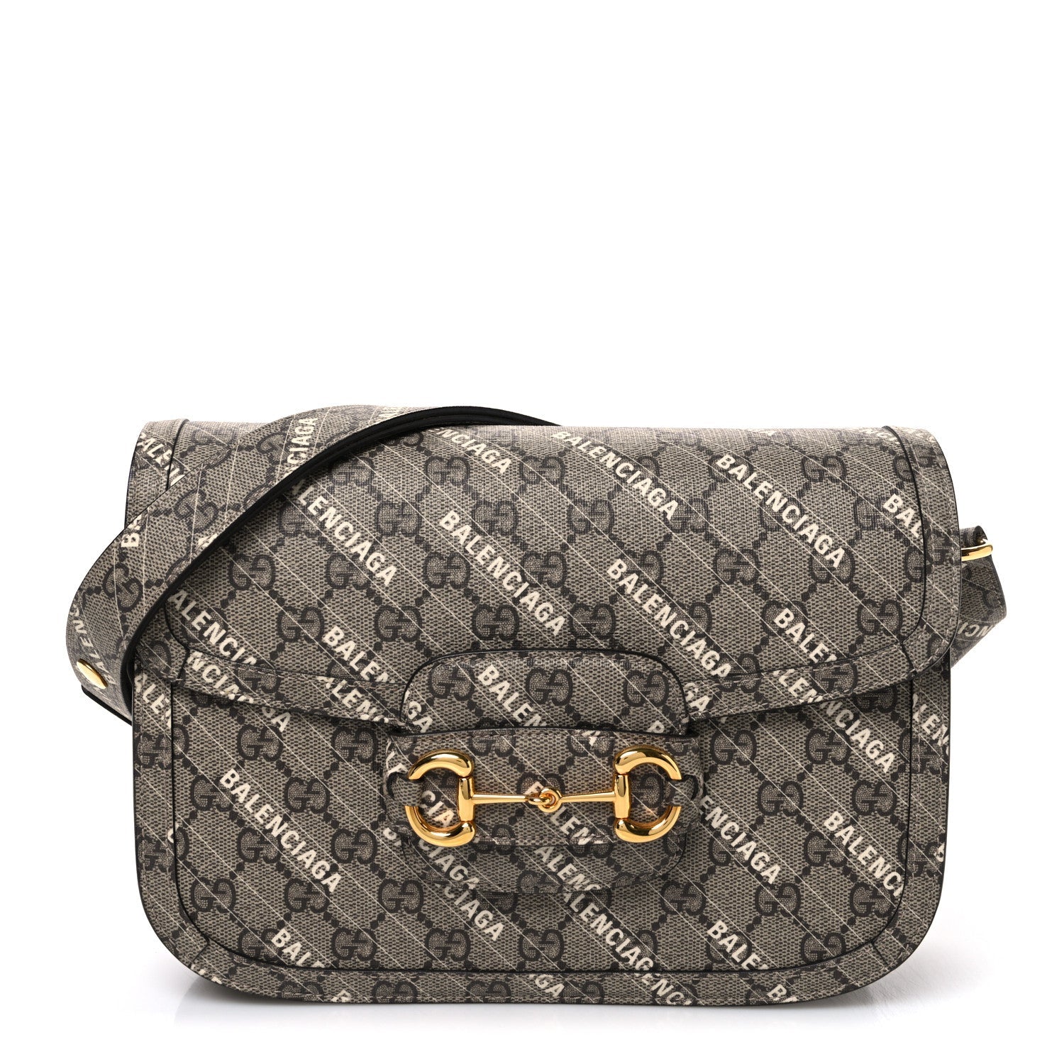 X BALENCIAGA GG Supreme Monogram Logo Print Horsebit 1955 Shoulder Bag Beige Ebony
