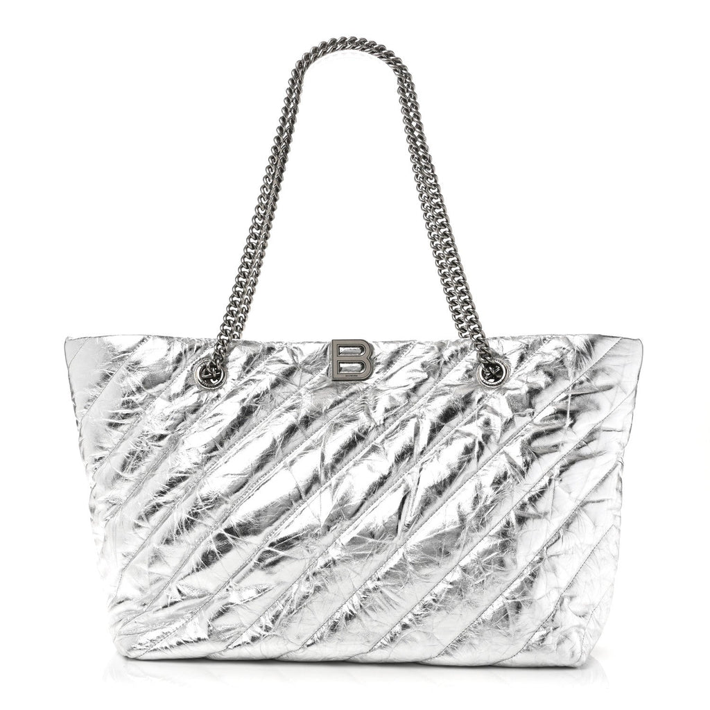 Metallic Crushed Calfskin Quilted Medium Crush Carry All Tote Bag Silver
